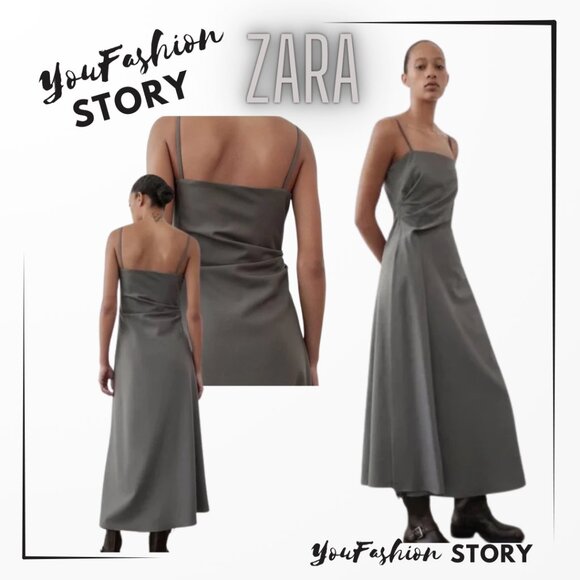 ZARA Long Dress Khaki Gray with Tanks ZW COLLECTION WOOL Blend RUCHED Size: S - Picture 1 of 16